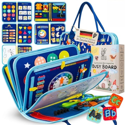 Entdecker Zwerge Montessori Busy Board ab 3 Jahre - Lernspielzeug mit deutschen Inhalten - Busy Book mit 25 Aktivitäten - Motorikspielzeug - Activity Board für Kinder - Reisespiel - in Geschenkbox