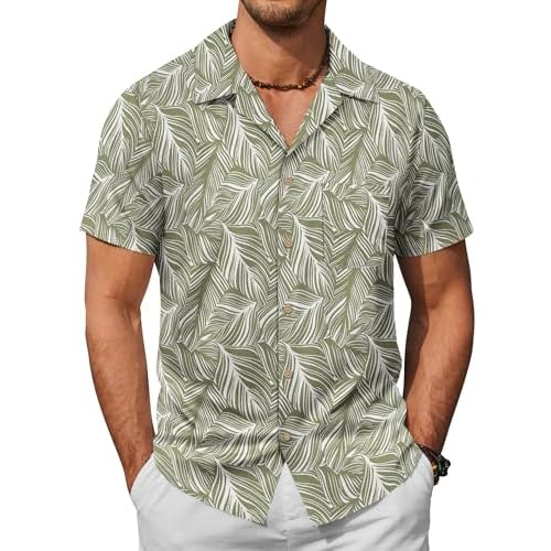 COOFANDY Men's Hawaiian Floral Shirts Cotton Linen Button Down Tropical Holiday Beach Shirts Small A- Celadon Green Leaves
