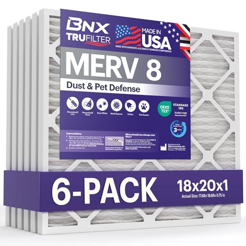 BNX TruFilter 18x20x1 Air Filter MERV 8 (6-Pack) - MADE IN USA – Dust & Pet Defense Electrostatic Pleated Air Conditioner HVAC AC Furnace Filters for Dust, Pet, Mold, Pollen MPR 600 – 700 & FPR 5