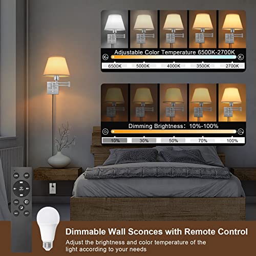 Image of TRLIFE Wall Sconces Plug in, Remote Control Dimmable Wall Sconce and Adjustable Color Temperature 2700K-6500K, Swing Arm Wall Lights with Plug in Cord, 9.4 inch Medium White Fabric Shade(2 Pack, 2 Bulbs)