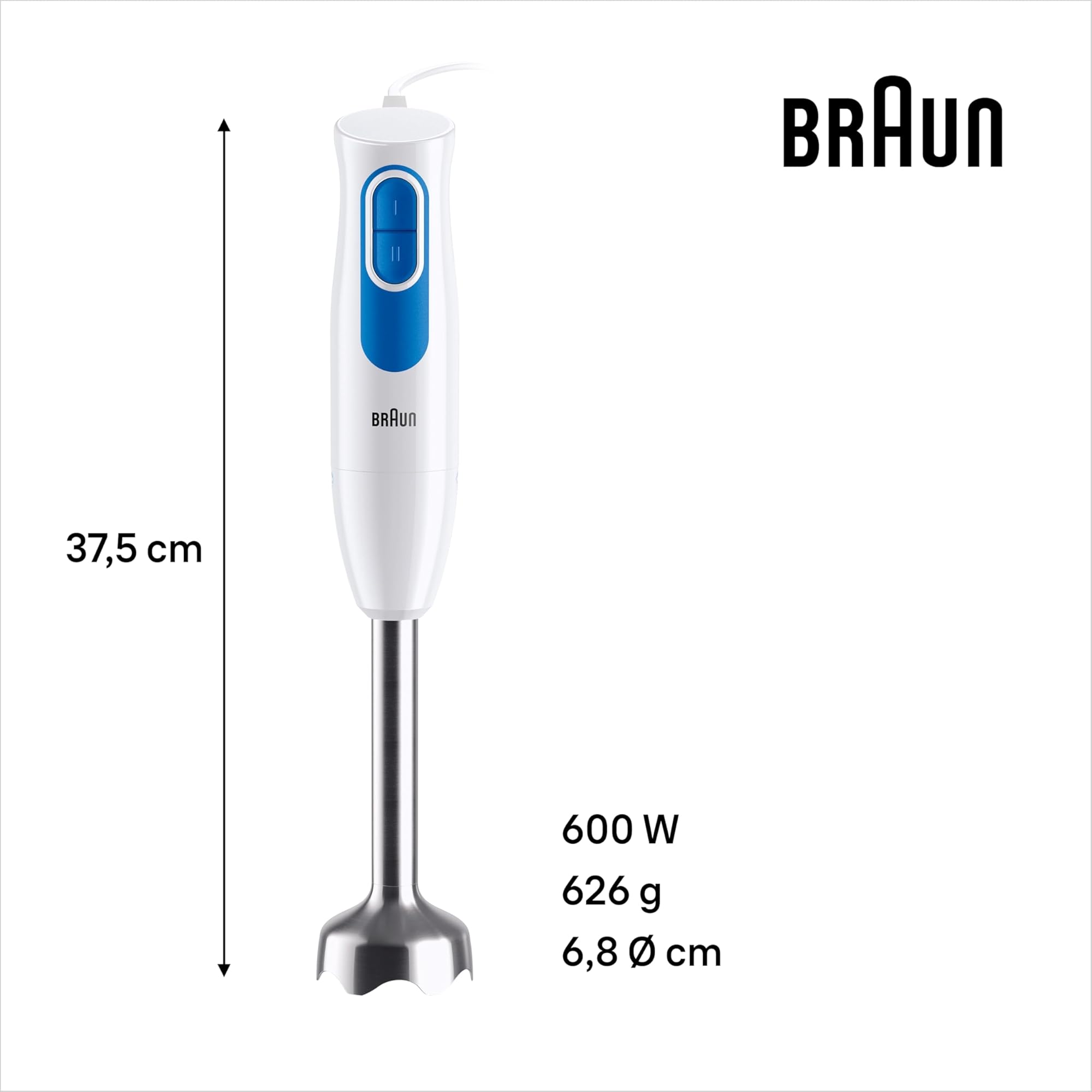 Braun Minipimer MultiQuick 2 - Batidora de mano con picadora y varilla para sopas, batidos y papillas para bebé, 2 velocidades, vaso medidor, 600W, blanco (MQ20236MWH)