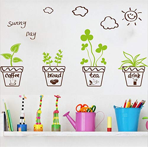 Cartoon Green Plants Wall Sticker DIY Removable Potted Murals Decoration Sunny Day Pastoral Floral Wall Decals Window Sticker Letter Bonsai Sticker for Living Room Sofa Background PVC Decorations