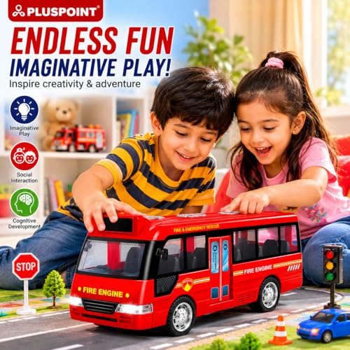 Image of PLUSPOINT Fire Rescue Bus Toy for Kids | Friction Powered Push & Go Vehicle with Lights, Sounds & Opening Doors | Durable Rescue Bus Pretend Play Toy for Boys, Girls & Toddlers
