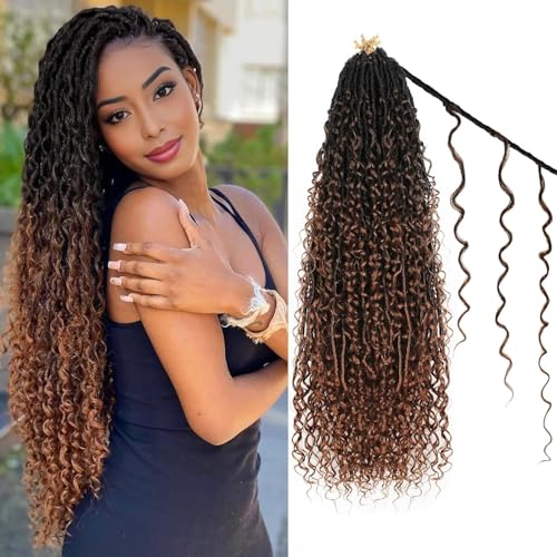 Enbeautiful Boho Faux Locs Crochet Hair 24 Inch 9 Packs Pre-Looped Goddess Locs with Curly Ends, Soft Bohemian River Locs for Black Women (1B/4/30#)