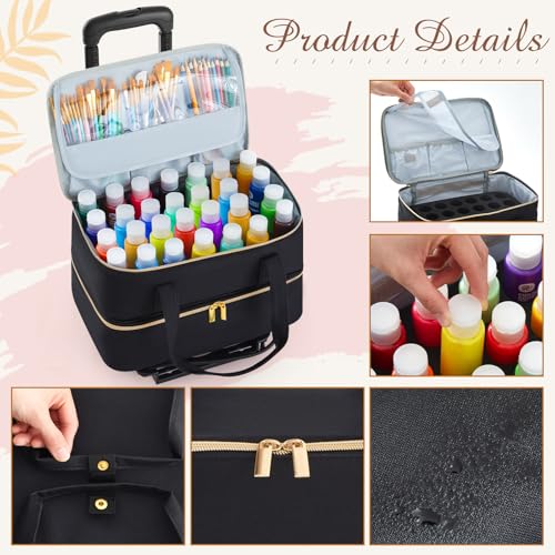 Image of Abbylike Acrylic Paint Organizer Double Layer Bag with Foldable Cart - 56 Shockproof Foam Slots for 2oz Bottles, Portable Art Supply Storage Case for Travel Friendly Artists, Black