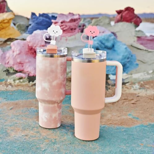 Image of Cute Straw Cap Toppers for Cups & Tumblers - 3D Silicone Avocado, Strawberry & Cloud Design - Reusable Dust-Proof Straw Cover for Stanley & Coffee Mugs (Pack of 2)