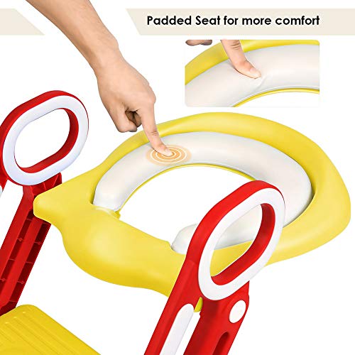 Mangohood Potty Training Toilet Seat with Step Stool Ladder for Boys and Girls Baby Toddler Kid Children Toilet Training Seat Chair with Handles Padded Seat Non-Slip Wide Step (Red Yellow)