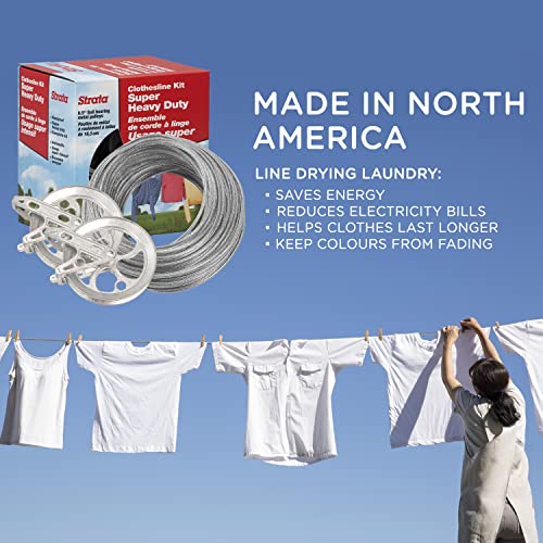 Strata Clothesline Outdoor Heavy Duty Kit - 150 Feet Galvanized Wire Silver Pvc Coating, 6.5" Clothesline Pulley 2Pcs, Metal Mini Winch Tightener 1Pc, Plastic Spreader/Spacer 1Pc & 2 Metal Hooks #TOP3