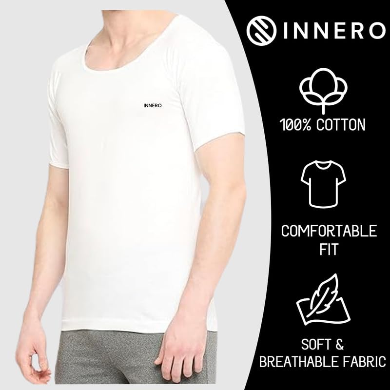 Image of INNERO Men's Vest with Sleeves | Cotton Half Sleeve Round Neck Vest, Baniyan, Ganji, Undershirt (White)