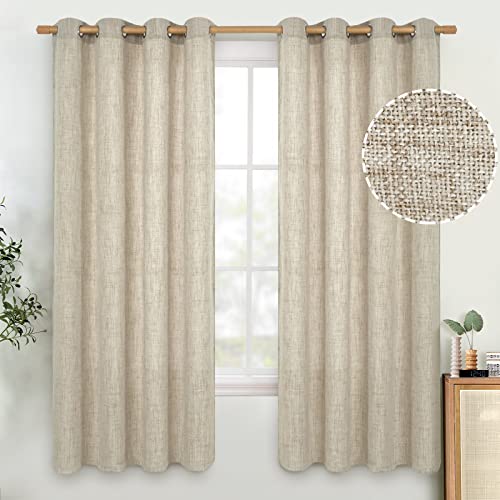 Quemas Natural Faux Linen Curtains For Bedroom 63 Inch Length 2 Panels, Thick Linen Blend Light Filtering Curtains For Living Room, Privacy Burlap Farmhouse Semi Sheer Window Drapes, Each 52 X 63 Inch #TOP18