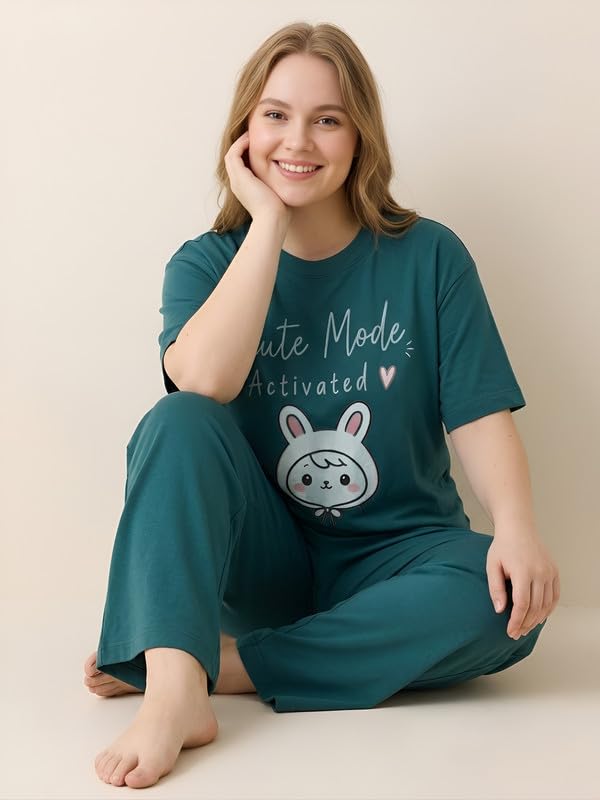 Image of My Swag Womens Nightsuit Set | Cute Bunny Graphic Print T-Shirt & Pajama | Soft Breathable Sleepwear and Loungewear Co-Ord Set for Women