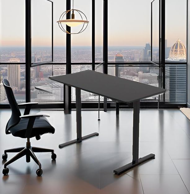 Image of Manual Height Adjustable Sit Stand Desk Frame | Width Adjustable Standing Desk with Retractable Crank Handle | Heavy Duty Steel Frame Load Capacity up to 60 kg (Black Frame & Black TT)