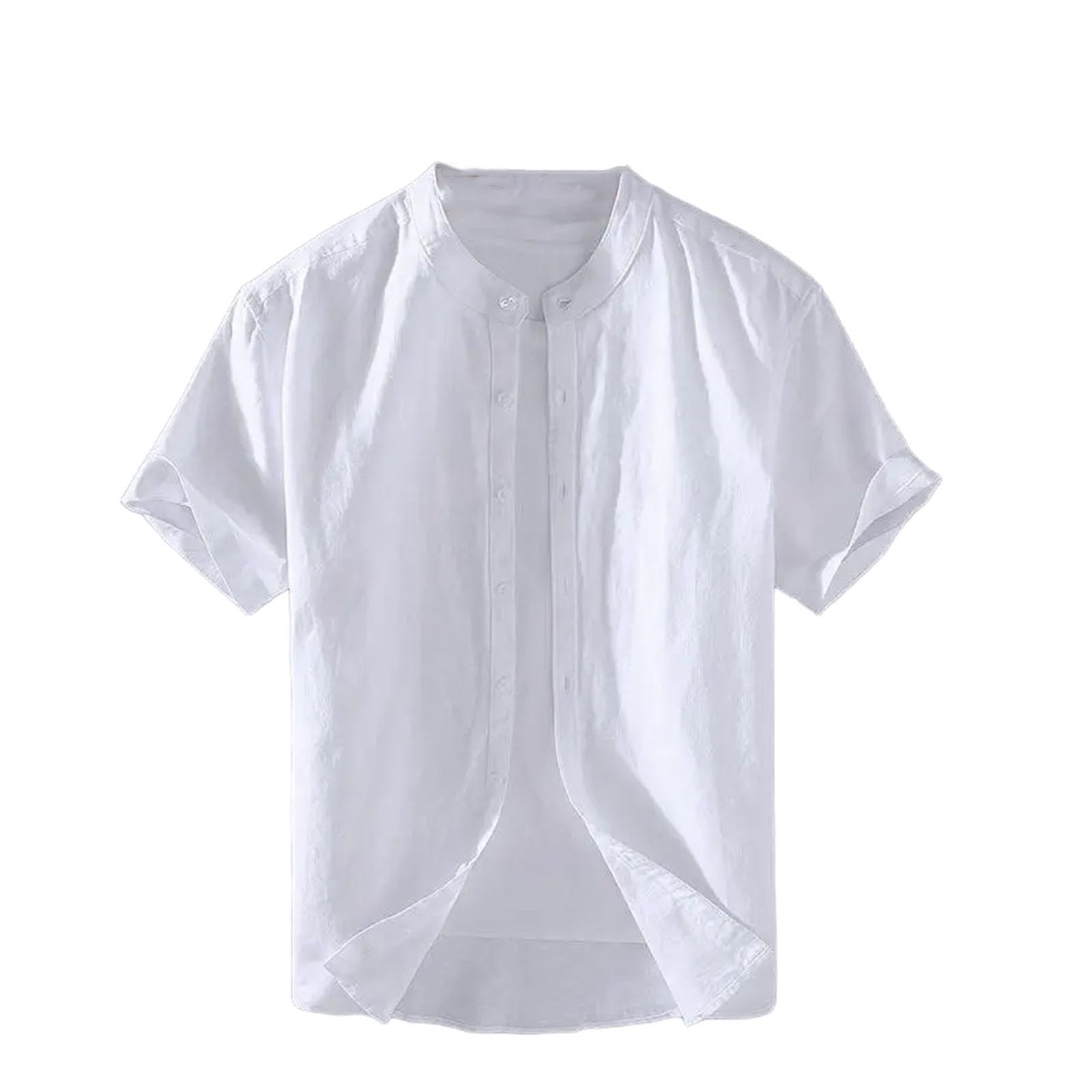 Camicie a maniche corte in lino di cotone per gli uomini casual moda gialla girare giù collare top
