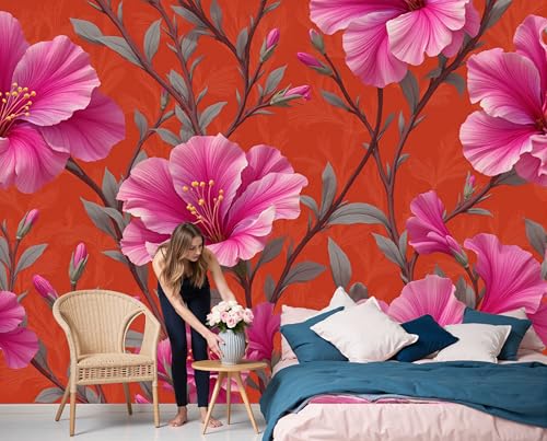Papier peint panoramique intissé haut de gamme effet 3D fleurs d'hibiscus