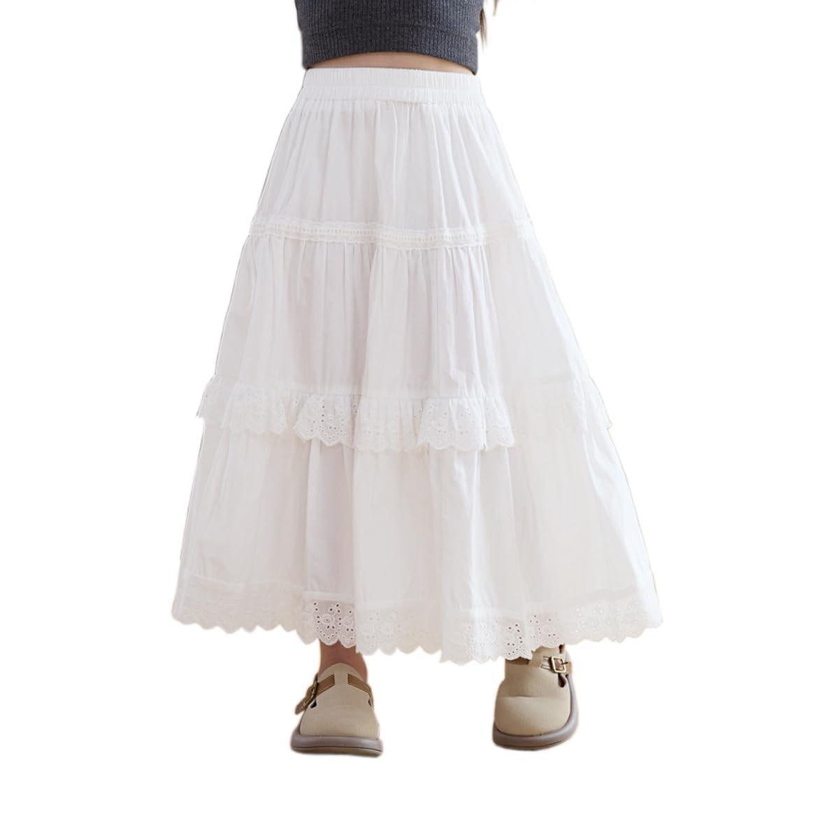 Citridarll Girl's Elastic High Waist Pleated A-line Ruffle Lace Trim Tiered Midi Maxi Skirt 165, 13-14 Years,White