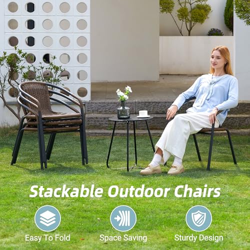 Image of Amopatio Outdoor Dining Chairs Set of 4, Stackable Outdoor Patio Chairs, Rattan Wicker Patio Chairs Set of 4, for Porch, Deck, Garden, Poolside, Yard, Bistro, Restaurant, Brown