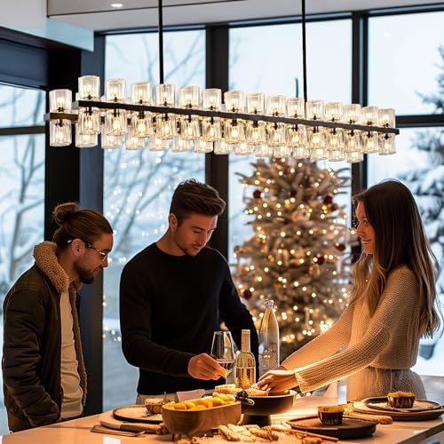 Image of Crystal Black Rectangular Chandelier Light Fixture,54 in Dining Room Chandeliers Over Table,Modern Chandeliers For Living Room,Arcachon Chandelier,Kitchen Island Chandeliers Includes 60xG4 Bulbs