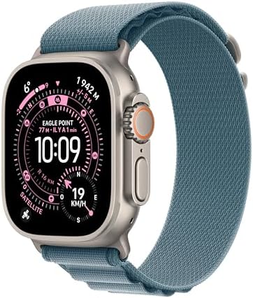 Apple Watch Ultra 3 [GPS + Cellular 49 mm] Montre connectée Course à Pied et Multisport avec boîtier Titane Naturel et Boucle Alpine Bleu Clair. Communications Satellite, Suivi santé et activité