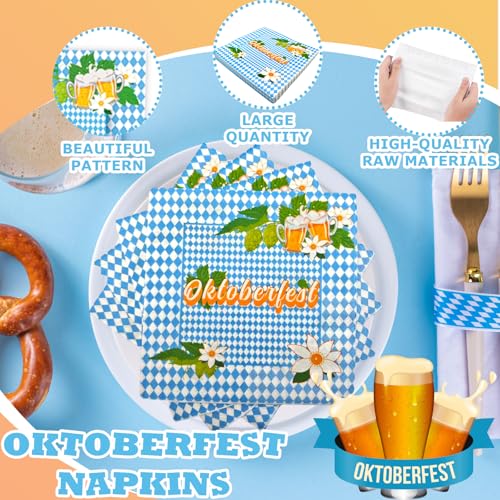 Oizemori 40 Stück 33x33 cm, Oktoberfest Servietten Blau Weiß, Oktoberfest Deko Set mit Papptellern und Bechern, traditionelle bayrische Dekoration im Rautenmuster für Bierfest Party