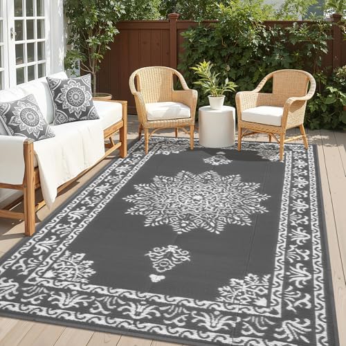 Yamaziot 5x8Ft Outdoor Rug Waterproof Plastic Straw Patio Rug, Dark Gray