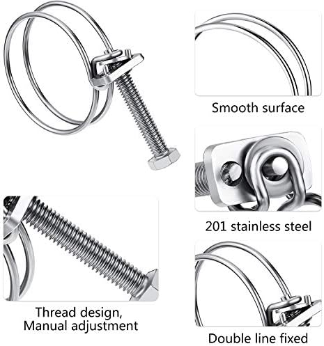 4 Pieces Double Wire Hose Clips Adjustable Stainless Steel Hose Clamps with 2 Pieces Inline Pond Hose Jointer (32 mm/ 1.25 inch)