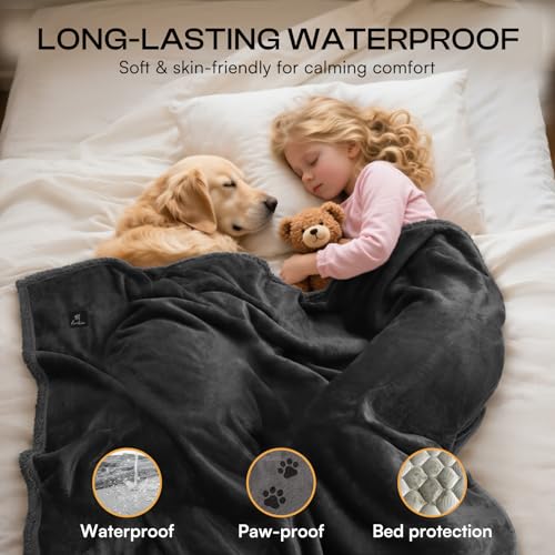 Image of Luciphia Waterproof Bed Blanket Washable,Soft Sherpa Fleece Puppy Reversible Throw Blankets for Small Medium Dog Cat,Furniture Cover Protector Couch Bed from Liquid Pee and Pet Fur, Black,57 inch x 40 inch