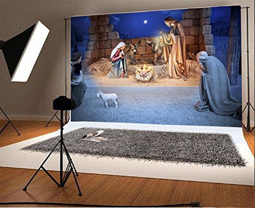 Lfeey 10X8Ft Christmas Manger Scene Backdrop Religious Bethlehem Star Night Holy Family Nativity Scene Barn Stable Lamb Birth Of Jesus Photography Background Photo Studio Props #TOP1