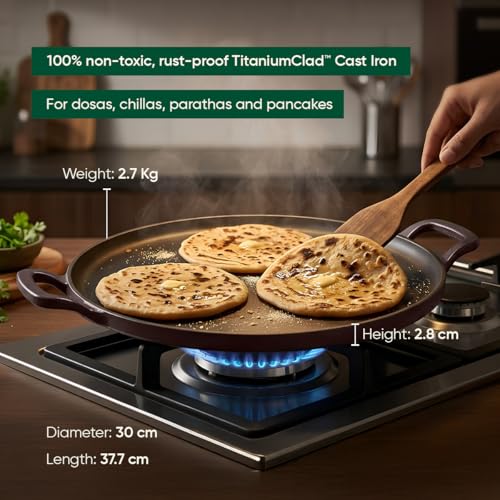 Image of Ember Cookware TitaniumClad Enamel Cast Iron Tawa for Dosa 30 cm | 10-Year Warranty | Rust-Proof Cast Iron Tawa for Roti & Dosa | Non Stick Dosa Tawa | Heavy Duty Induction Cookware | Wine