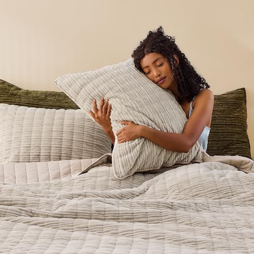 Image of Wonderful Corduroy Texture Beige Quilt Set Queen - Hypoallergenic Skin-Friendly Soft Plush Velvety Touch Bedspread, Classic Vertical Striped Lightweight Coverlet for All Season, 94 inchx94 inch
