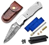 Damascus Steel Knife Blank Blade Pocket Folding Blade, Knife Making Kit, G-10 Micarta Scale, Leather...