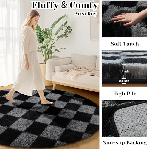 Image of KICMOR Round Rugs 6ft Black and Grey Circle Area Rug, Fluffy Soft Fuzzy Shag Shaggy Bedroom Living Room Carpet, Indoor Checkered Circular Rug for Teen Kids Boys Girls Home Decor Aesthetic, Nursery