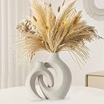 Hollow Ceramic Vase Set of 2, Round Modern Vase for Nordic Minimalist Style Decor, Donut Boho Aesthetic Vase for Trendy Home Living Master Room Entryway Table Decorative (Beige)