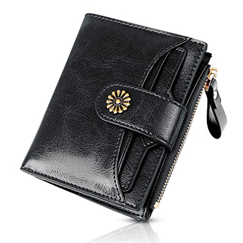 SACONELL Women Genuine Leather Wallet Short Wallet Luxury Wax Leather Card Holder Large Capacity Multiple Card Position Zipper Coin Pocket (Black)