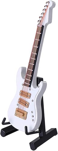 Guitarra miniatura de madera con soporte y estuche, modelo de guitarra eléctrica, casa de muñecas, instrumento musical en miniatura, decoración para