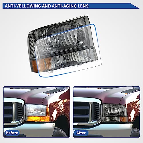 Image of oEdRo Headlight Assembly Compatible with 1999-2004 Ford F-250 F-350 F-450 F-550 Super Duty /2000-2004 Ford Excursion OE Headlamp Replacement Chrome Housing Amber Reflector Smoked Lens