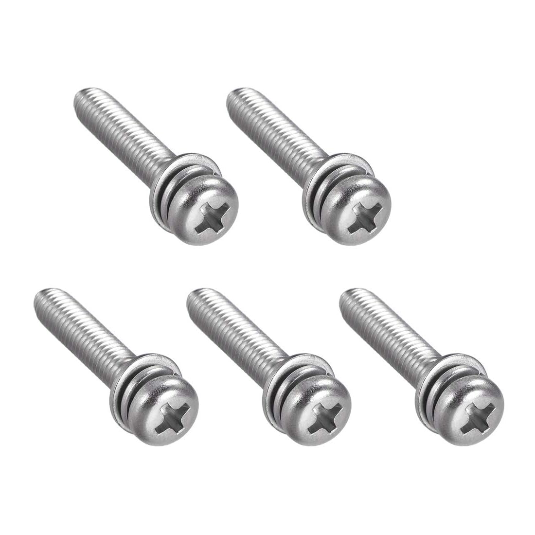 TA-VIGOR M5 Phillips Pan Head Bolts with Spring and Plain Washers 25mm, 304 Stainless Steel Cross Round Head Machine Screws for Heavy-duty Fastening 5pcs