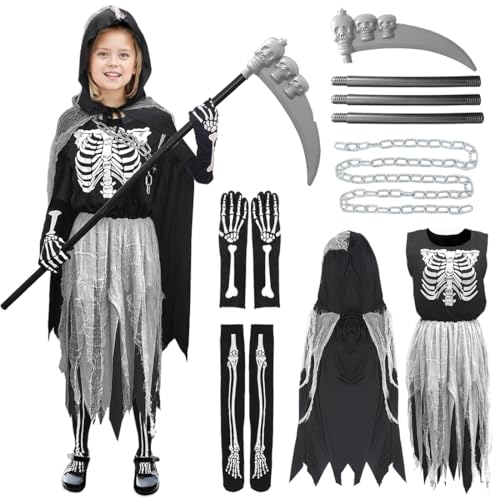 Aurasky Deguisement Faucheuse Enfant, Deguisement Halloween Fille avec Faucille Gants Chaussettes Chaîne à la Taille, Costume Squelette Enfant, pour Halloween Carnaval Cosplay Fête
