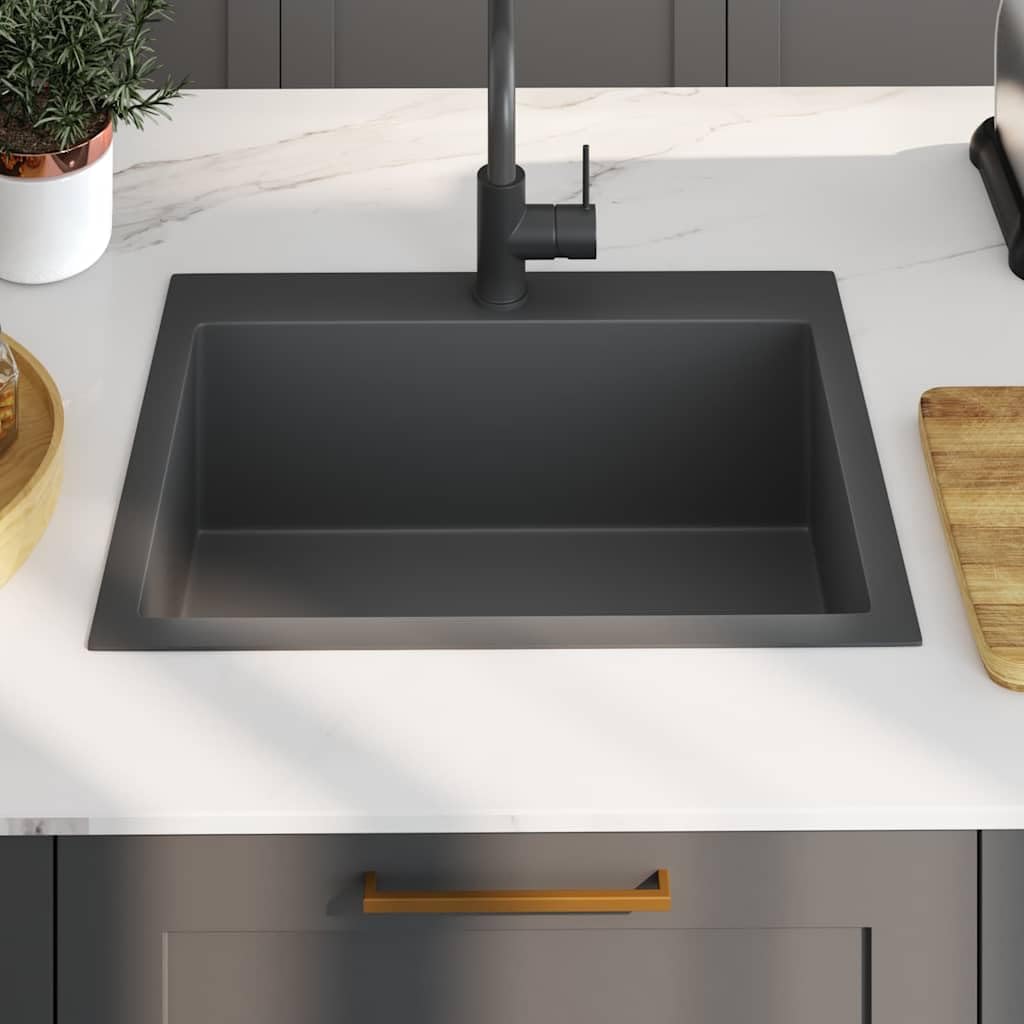 Lavello da incasso fatto a mano, in acciaio inox, nero, con foro per rubinetto, fonoassorbente, 59 x 44 x 20 cm, sottostruttura e installazione, scarico rapido dell'acqua, resistente alla