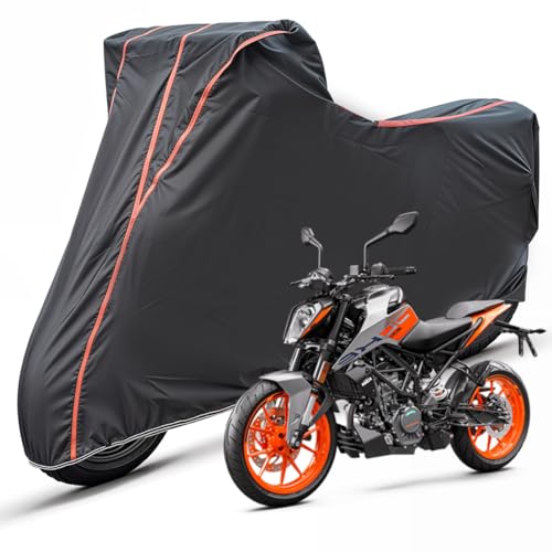 Image of Two Wheelers Bike Body Cover Compatible for KTM 200 Duke, UV Resistant, Dustproof, Triple Stitched, Elastic Bottom, Red Piping Motorcycle Cover (Black, Pack of 1)