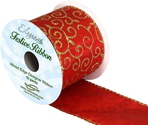 Oaktree UK Eleganze Festive Ribbon Satin Glitter Filigree Red
