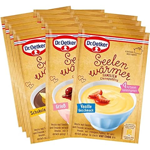 Dr. Oetker Seelenwärmer FAMILIE im praktischen 12er Probier-Set - Zubereitung in kochender Milch - cremiger Puddinggenuss in den Geschmacksrichtungen Grieß, Schokolade und Vanille Cover
