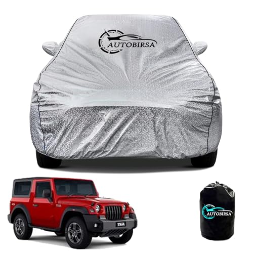 Image of Waterproof Car Body Cover for Mahindra Thar with Mirror and Antenna Pocket and Soft Cotton Lining (4 Side Elastic Triple Stitched & Metallic Silver with Black Piping Style)