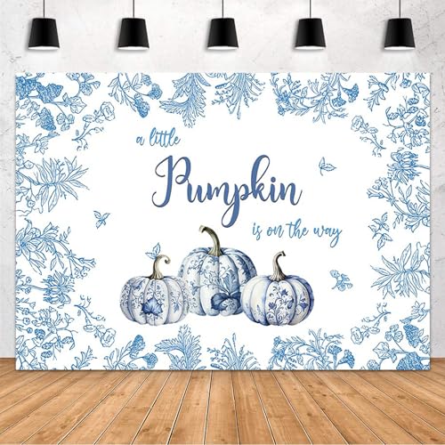 MEHOFOND 7x5ft Fall Pumpkin Baby Shower Backdrop Watercolor A Little Pumpkin is On The Way Party Decorations Banner Blue Floral Chinoiserie Theme Newborn Photography Background Photo Booth Props