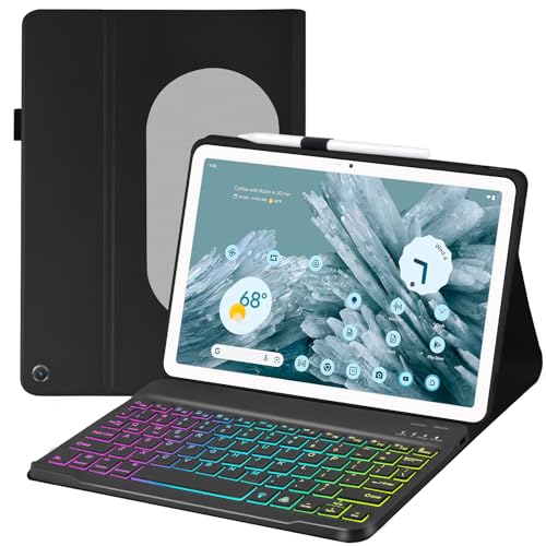 EAMPANG Case with Keyboard for Google Pixel Tablet 11 inch 2023 Release,7 Color Rainbow Backlit Detachable Type-C Charging Keyboard Magnetic Cover with Pencil Holder-Black