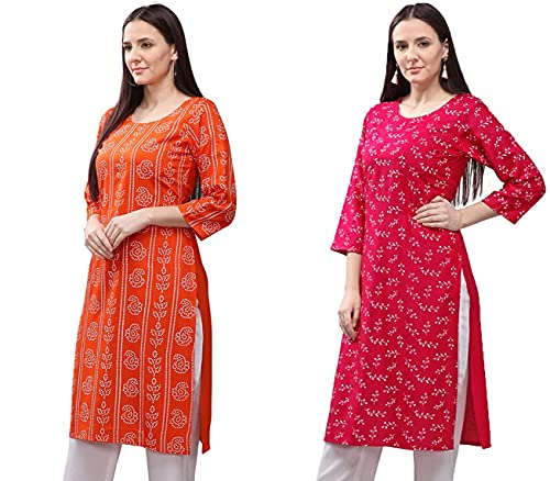Image of Women's Cotton Straight Kurta Combo Pack of 2 Orange & Rani