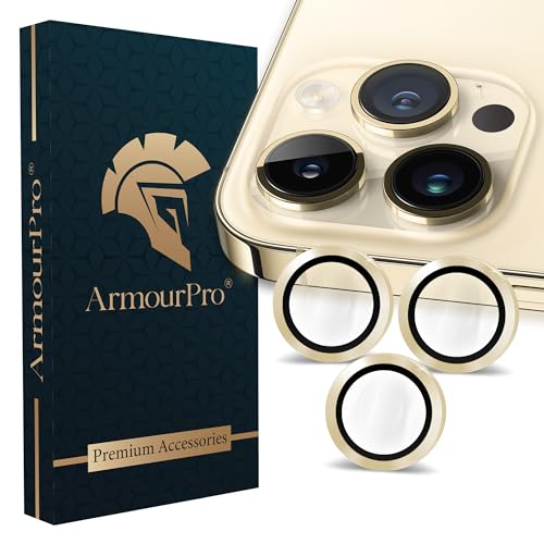 Image of ArmourPro Premium Camera Lens Protector Tempered Glass Compatible For iPhone 14 Pro Max and iPhone 14 Pro Tough HD Individual Aluminum Alloy Rings 9H Camera Cover , Scratch-Resistant,Camera Lens Protection| Gold