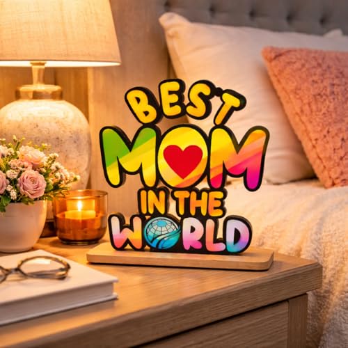 Image of Best Mom in The World Acrylic Table Frame Multicolor Printed Decorative Showpiece Wooden Base Gift for Mother Mom Birthday Gift Home Decor 6.5x6 Inch