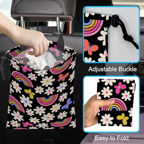 Image of Car Trash Bag Daisy Rainbow Butterfly Car Garbage Bag Hanging Car Trash Can for Back Seat with Drawstring, Waterproof Garbage Bags for Car Accessories Vehicle Travelling Camping Outdoor