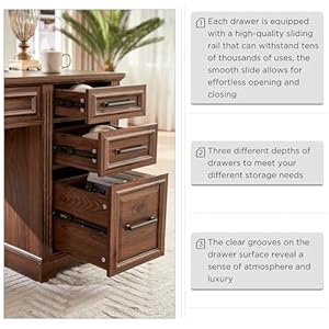 JXQTLINGMU 58 Executive Desk Farmhouse Computer Desk with Drawers and Cabinet Embossed Texture Home Office Desk Workspace for Work Study Writing Dark Brown