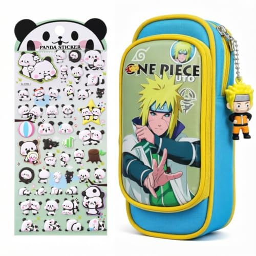 Image of KiddiBox One Piece Anime Pencil Case, Blue Double Zipper Stationery Pouch with Character Charm, School Supply with Keychain (Combo Pouch & Stickers Yellow)